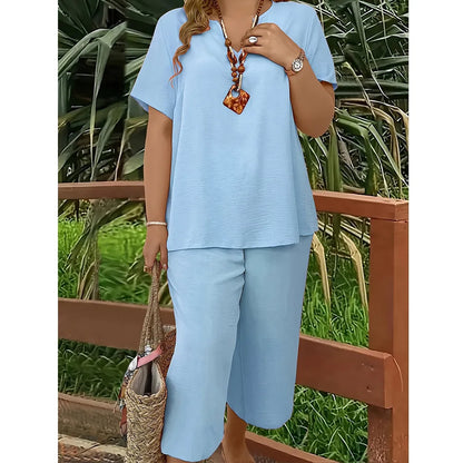 🔥Great Deals丨Women Solid V-Neck Short Sleeve Top & Wide Leg Pants 2-Piece Loungewear Set