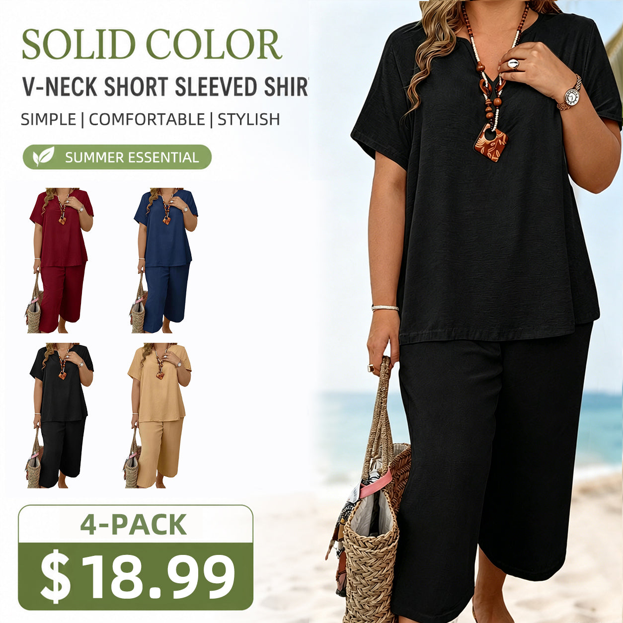 🔥Great Deals丨Women Solid V-Neck Short Sleeve Top & Wide Leg Pants 2-Piece Loungewear Set