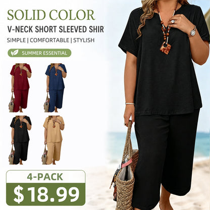 🔥Great Deals丨Women Solid V-Neck Short Sleeve Top & Wide Leg Pants 2-Piece Loungewear Set