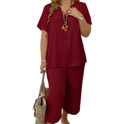🔥Great Deals丨Women Solid V-Neck Short Sleeve Top & Wide Leg Pants 2-Piece Loungewear Set