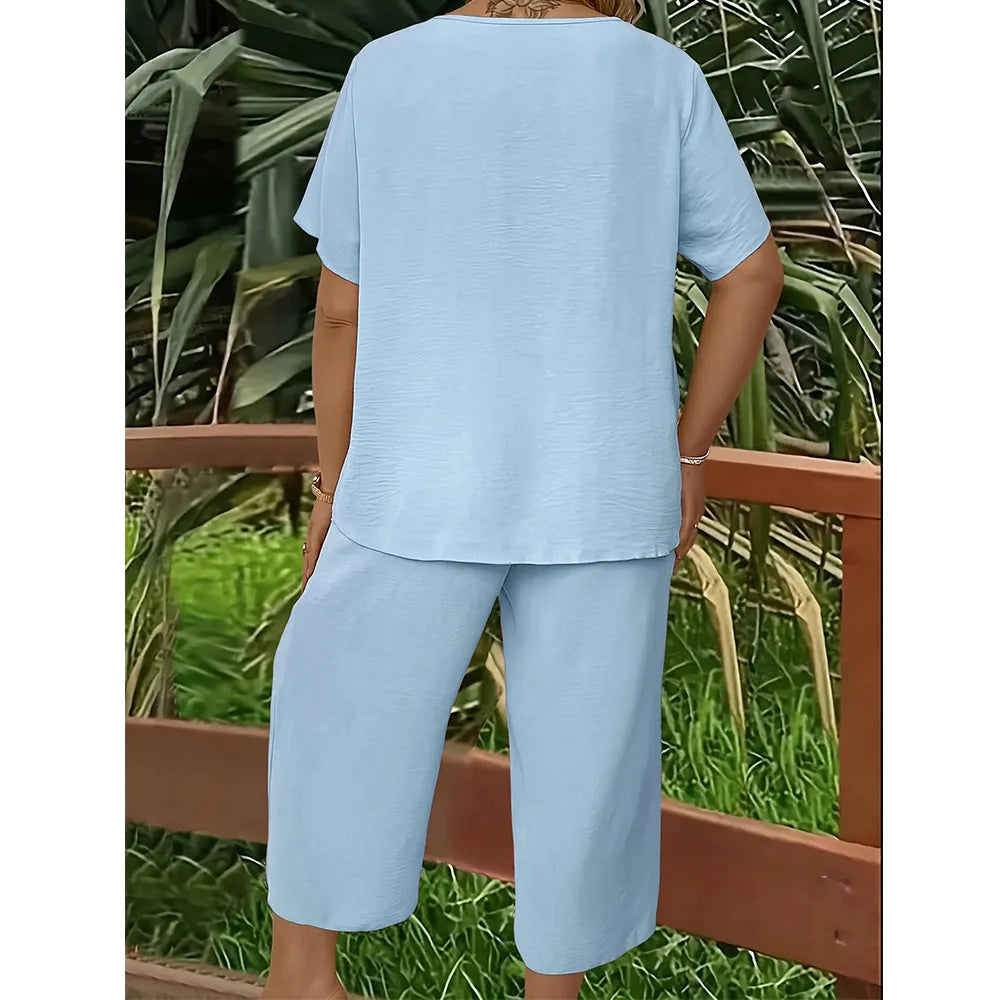 🔥Great Deals丨Women Solid V-Neck Short Sleeve Top & Wide Leg Pants 2-Piece Loungewear Set