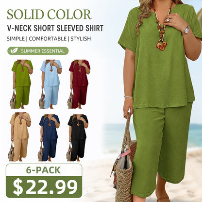 🔥Great Deals丨Women Solid V-Neck Short Sleeve Top & Wide Leg Pants 2-Piece Loungewear Set