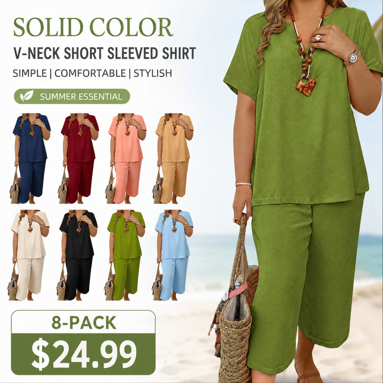 🔥Great Deals丨Women Solid V-Neck Short Sleeve Top & Wide Leg Pants 2-Piece Loungewear Set