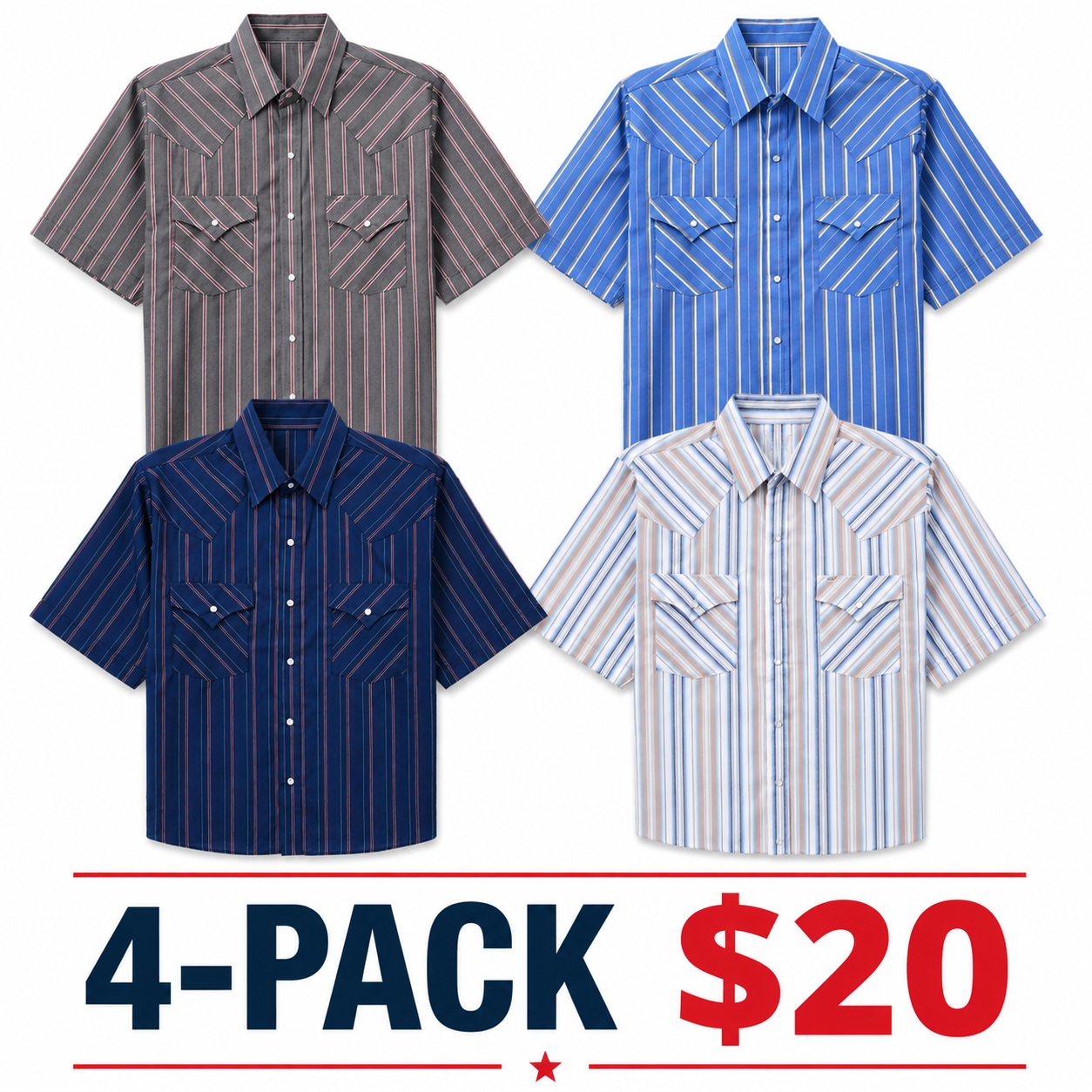 Men's Western Stripe Snap Shirt with Pocket - Short Sleeve Casual Cowboy Shirt