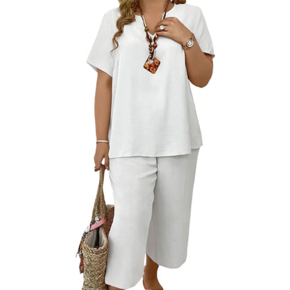 🔥Great Deals丨Women Solid V-Neck Short Sleeve Top & Wide Leg Pants 2-Piece Loungewear Set