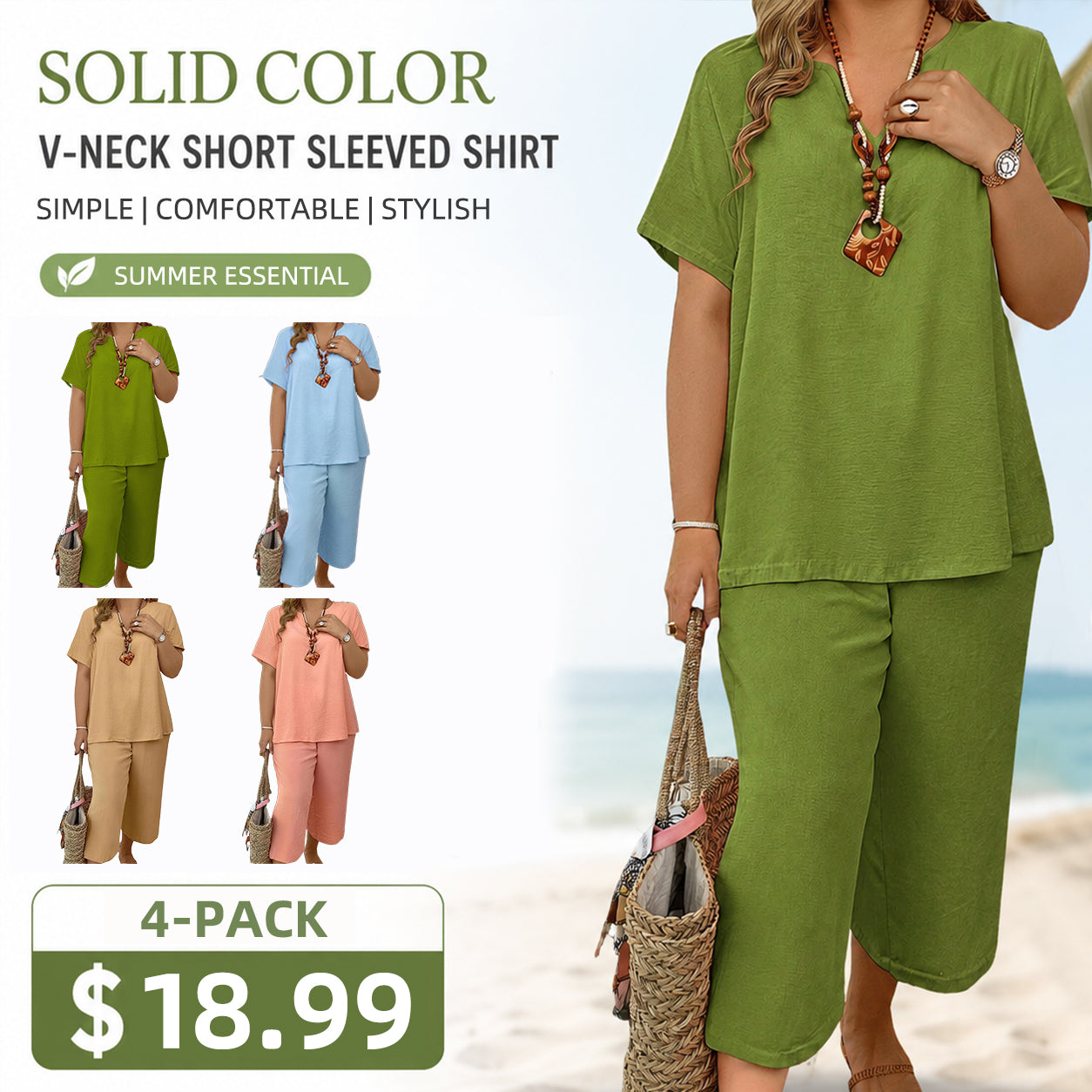 🔥Great Deals丨Women Solid V-Neck Short Sleeve Top & Wide Leg Pants 2-Piece Loungewear Set