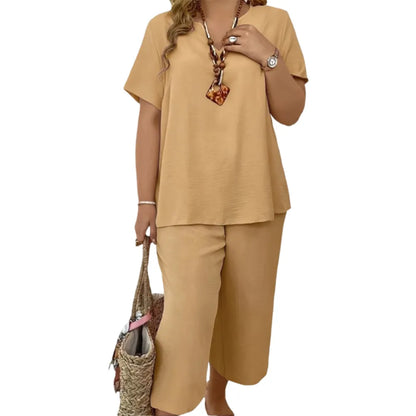 🔥Great Deals丨Women Solid V-Neck Short Sleeve Top & Wide Leg Pants 2-Piece Loungewear Set